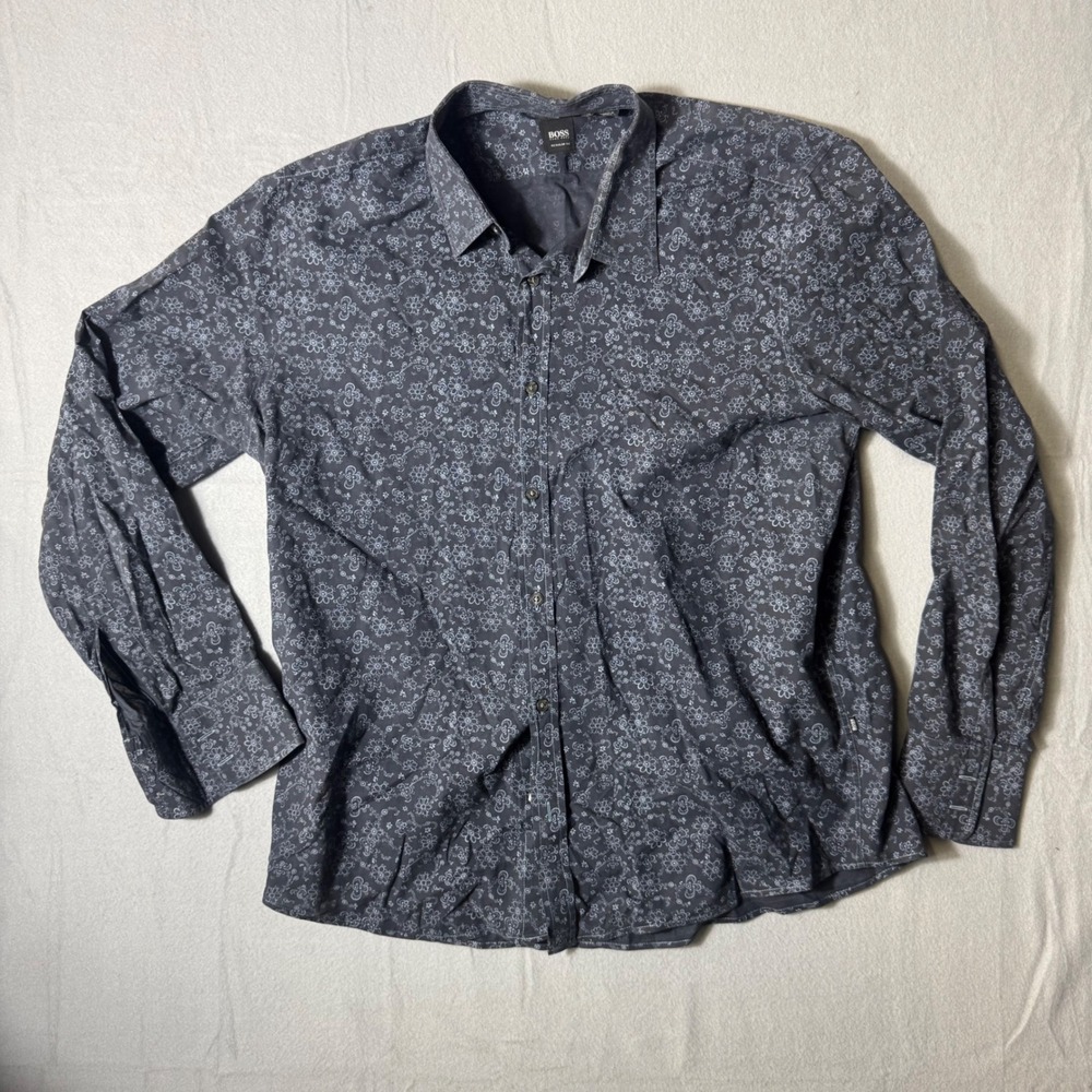 Hugo‎ Boss Regular Fit Men Button Down Shirt M Grey Excellent Floral RN73616